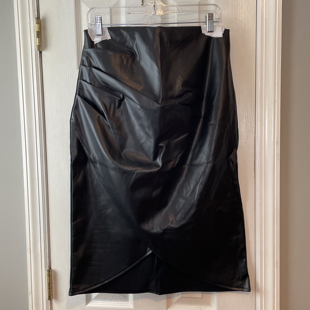 New MICAS Women's Faux Leather‎ Skirt L/8-10 Wrap Ruched Midi Black Elegant Long